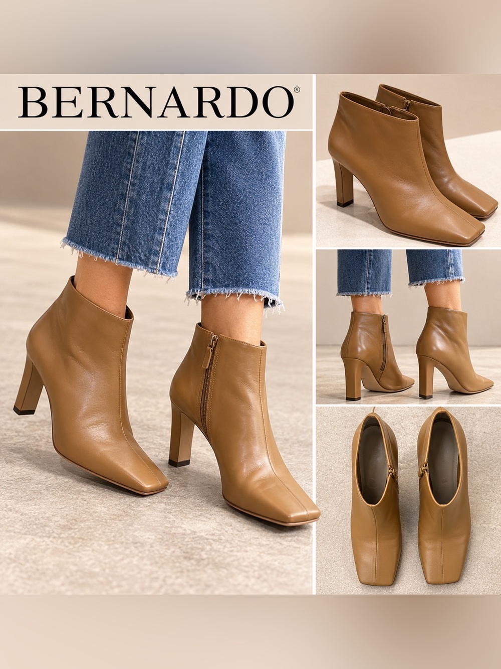 Bernardo Nantucket Leather Square Toe Booties Sand Tan Size 9 NWOB